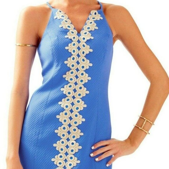 Lilly Pulitzer Pearl Sheath Lapis Blue Gold Lace Pique V Neck Dress Size 00 - Picture 7 of 9